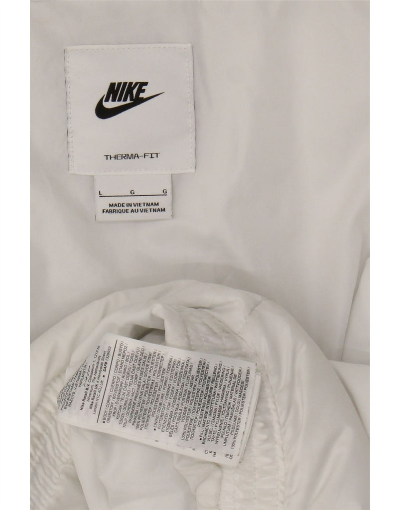 NIKE Womens Therma-Fit Oversized Graphic Padded Jacket UK 16 Large White Vintage Nike and Second-Hand Nike from Messina Hembry 