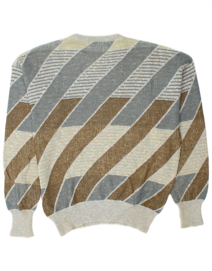 Vintage męski sweter z wycięciem pod szyją, średniej wielkości, wielobarwny, bawełniany w paski