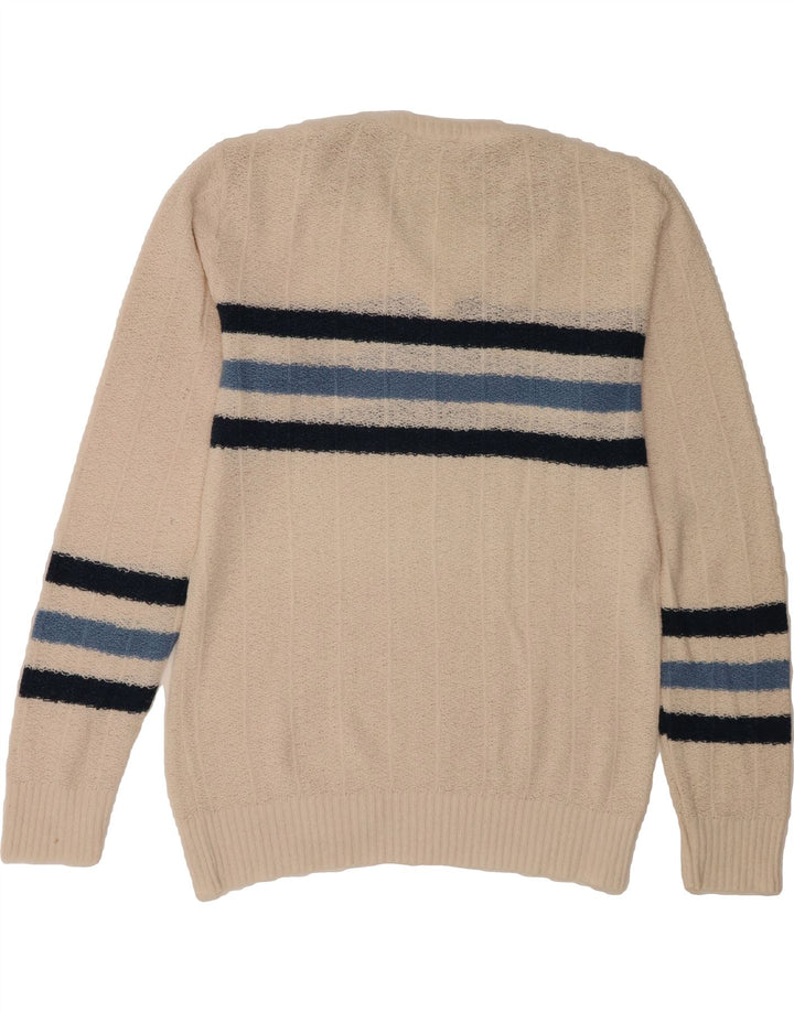 VINTAGE Mens V-Neck Jumper Sweater Large Beige Striped Vintage Vintage and Second-Hand Vintage from Messina Hembry 