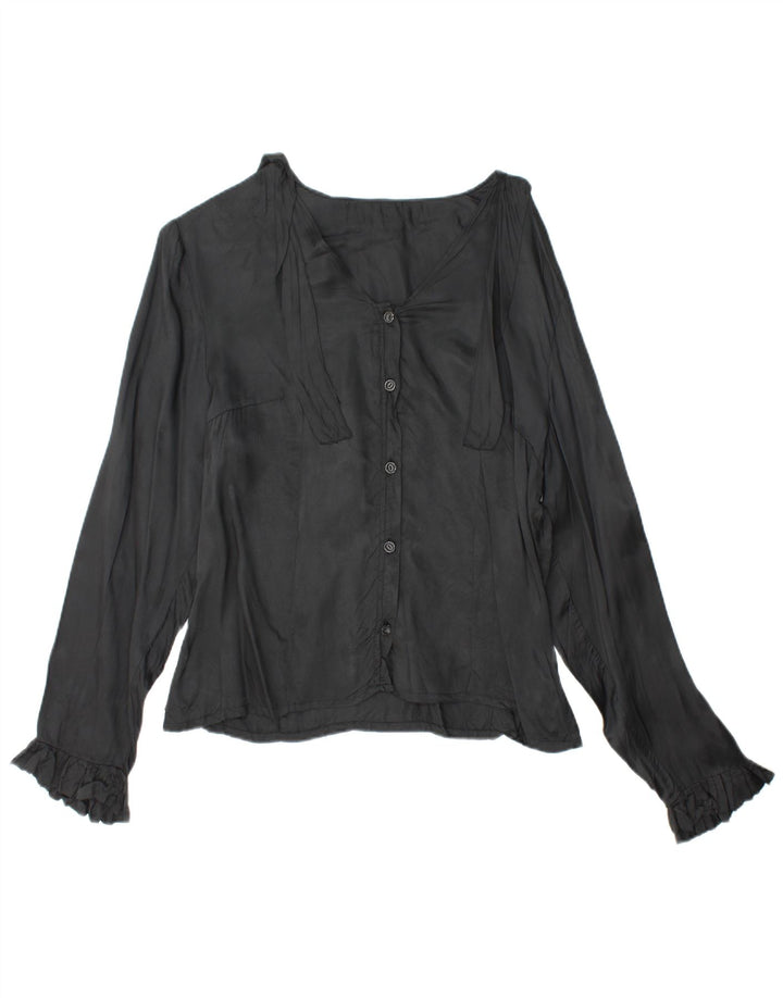 VINTAGE Womens Front Tie Shirt Blouse UK 14 Medium Black
