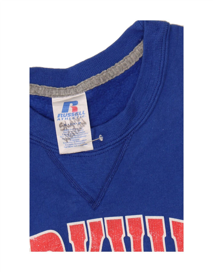 RUSSELL ATHLETIC Mens Parkview Graphic Sweatshirt Jumper Small Blue Cotton Vintage Russell Athletic and Second-Hand Russell Athletic from Messina Hembry 