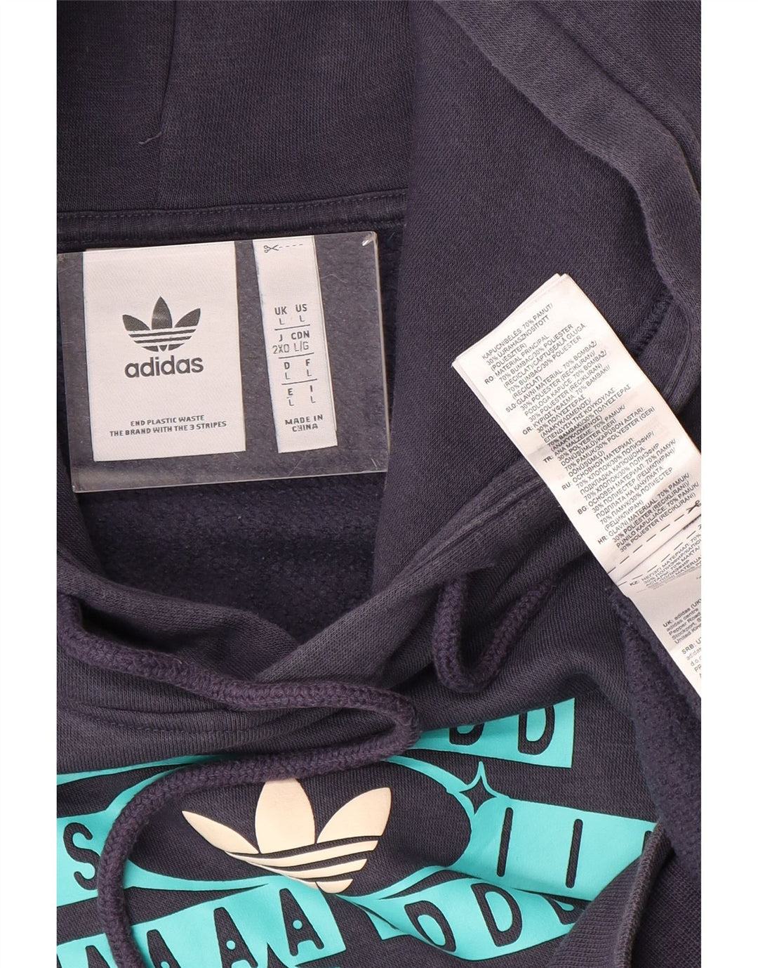 Męski sweter z kapturem ADIDAS z grafiką, duży, granatowy, bawełniany