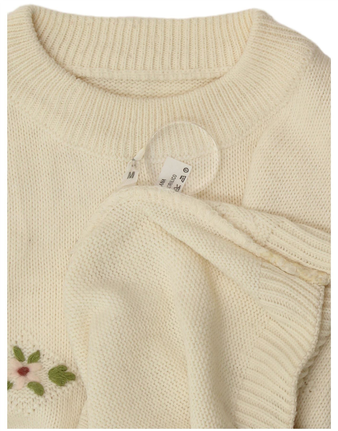 Vintage damski sweter z okrągłym dekoltem UK 14, średni, biała wełna