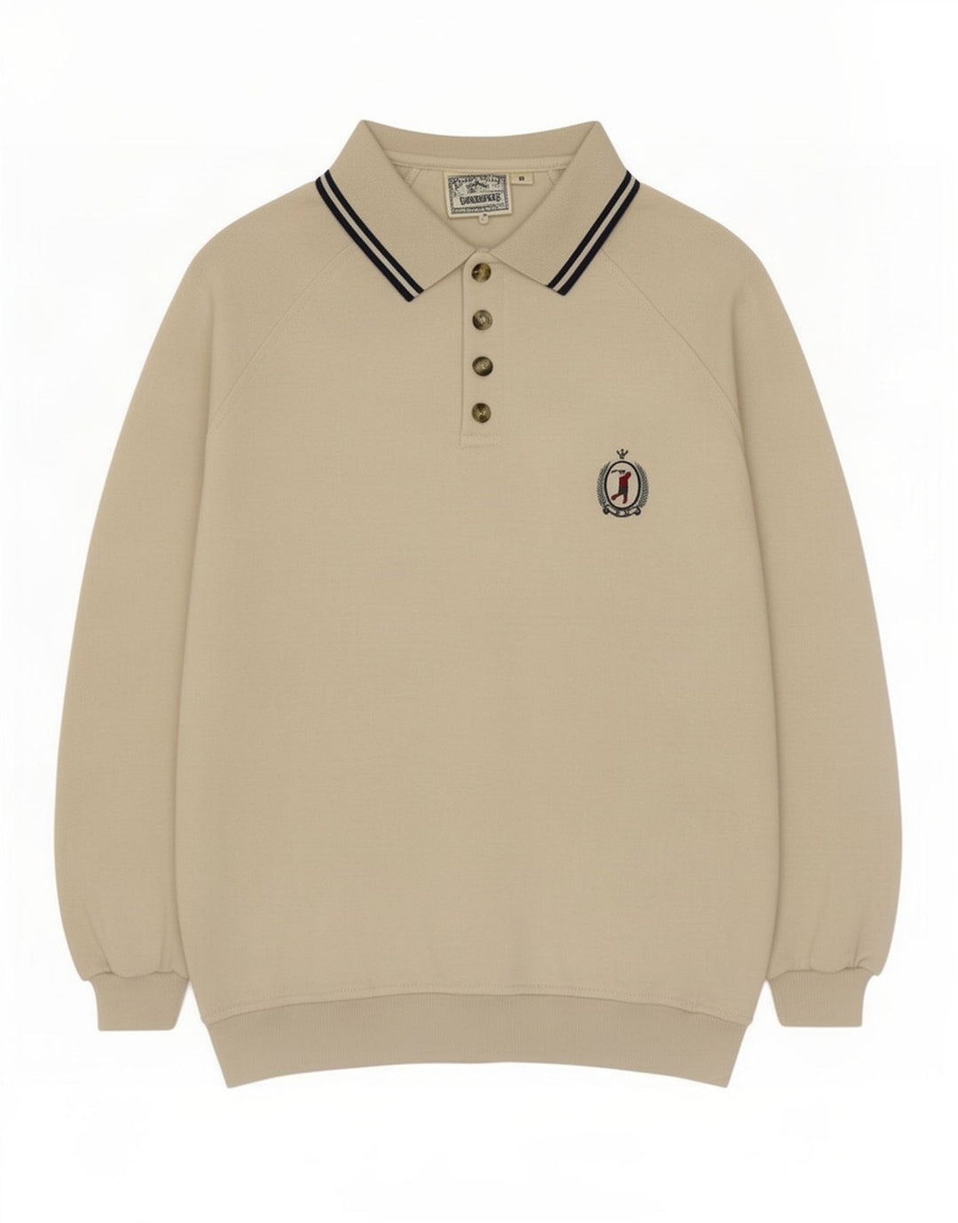 Vintage męska bluza polo z dekoltem w serek, średnia beżowa bawełna