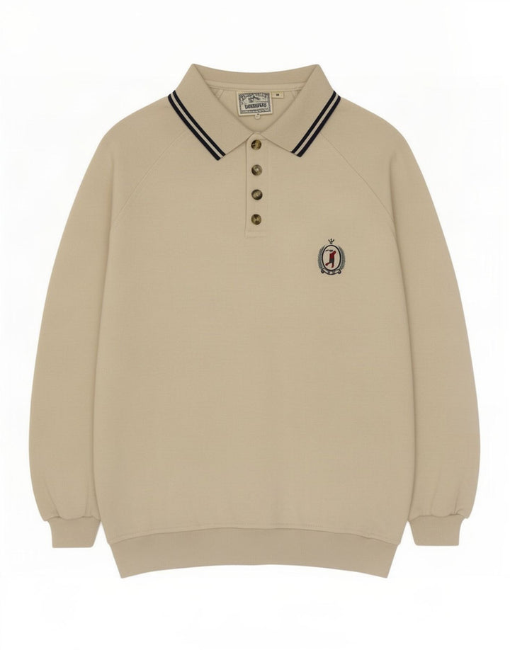 Vintage męska bluza polo z dekoltem w serek, średnia beżowa bawełna