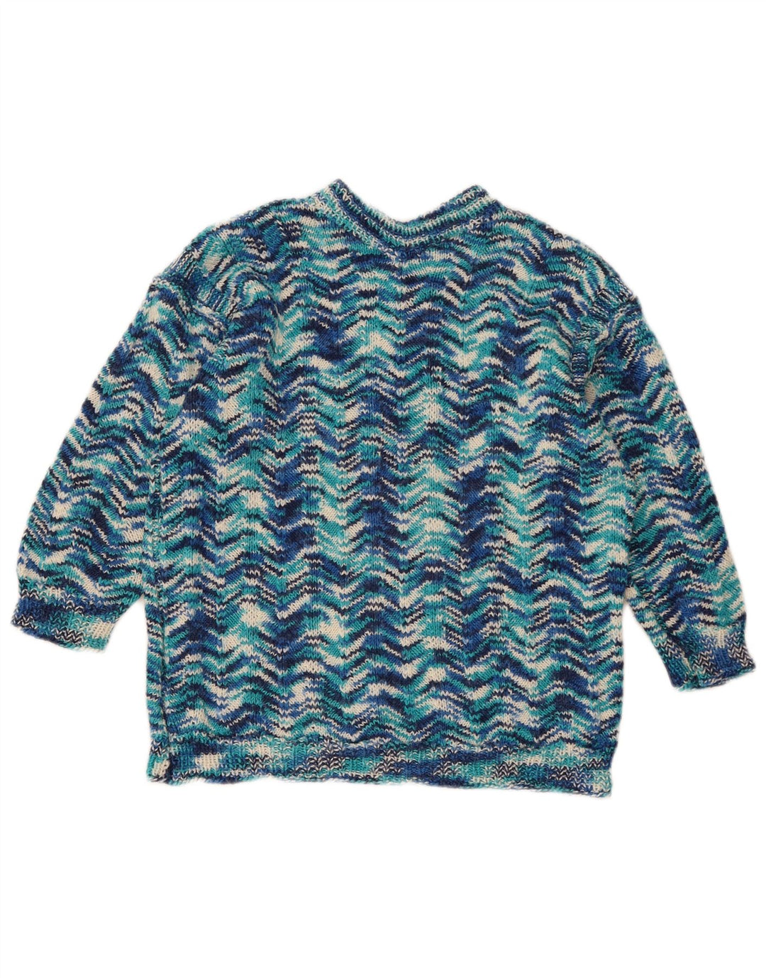 Vintage damski sweter z okrągłym dekoltem UK 14, średni niebieski geometryczny