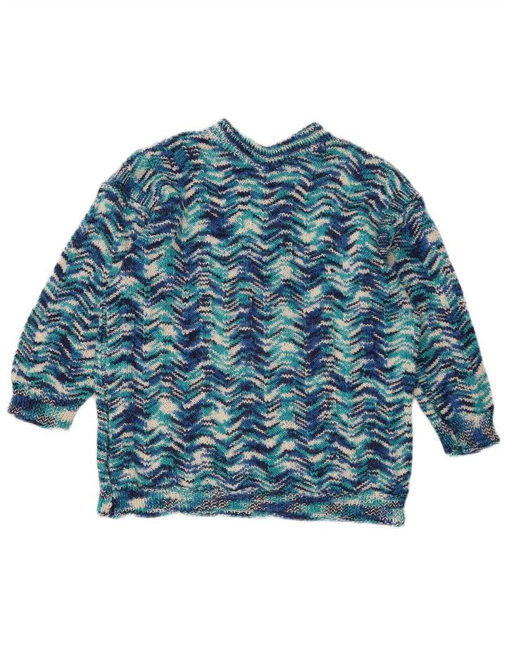 Vintage damski sweter z okrągłym dekoltem UK 14, średni niebieski geometryczny