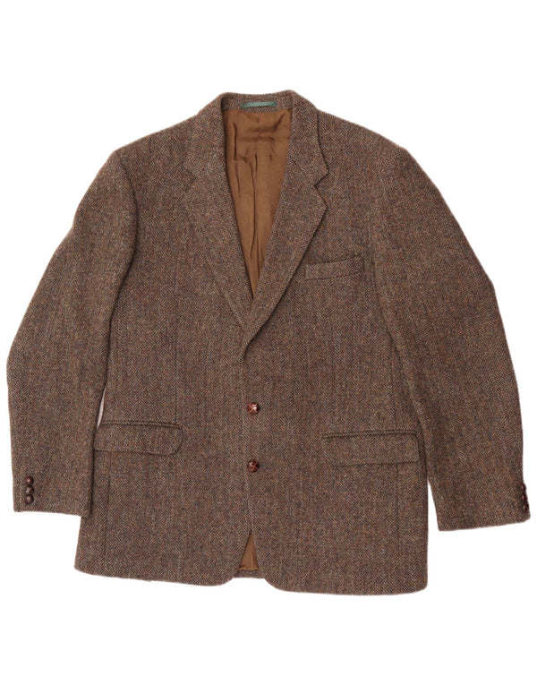 Męska marynarka zapinana na 2 guziki Harris Tweed UK 40 Duża brązowa wełna w jodełkę