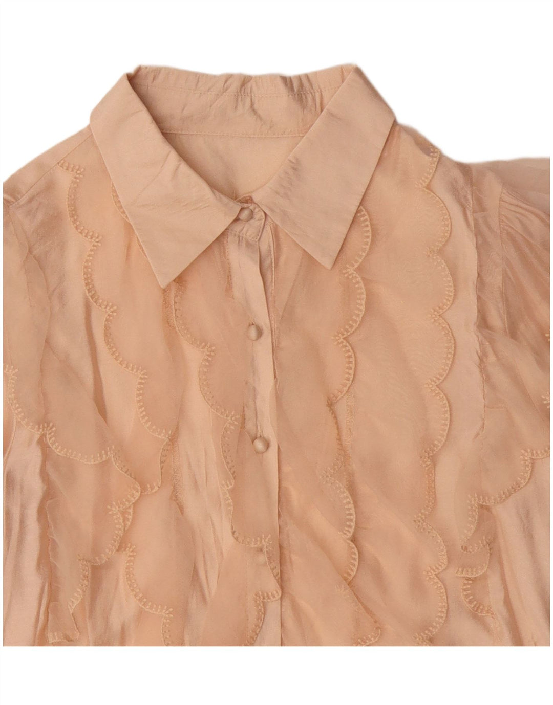 Damska bluzka koszulowa w stylu vintage, z falbaną z przodu, UK 14, średnia beżowa wiskoza