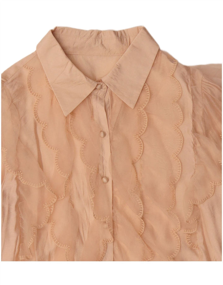 Damska bluzka koszulowa w stylu vintage, z falbaną z przodu, UK 14, średnia beżowa wiskoza