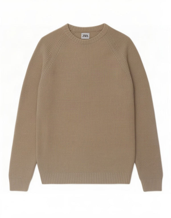Zara Męski sweter z dekoltem w łódkę, mały, beżowy, bawełniany
