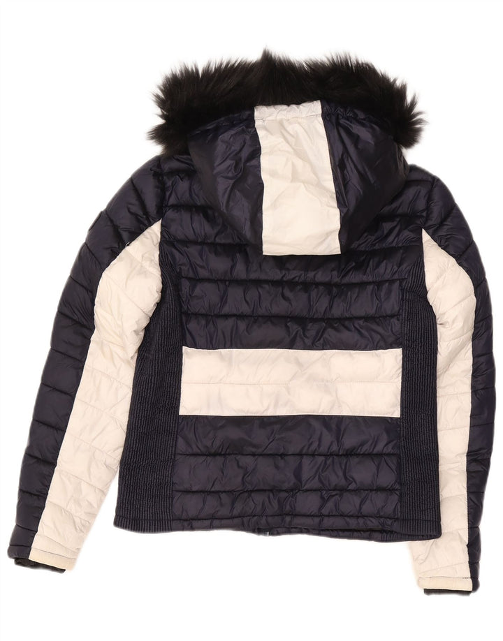 Damska ocieplana kurtka z kapturem Superdry UK 14, duża, granatowa, z blokami kolorów