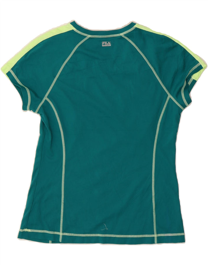 FILA Womens Graphic T-Shirt Top UK 12 Medium Green Colourblock Polyester Vintage Fila and Second-Hand Fila from Messina Hembry 
