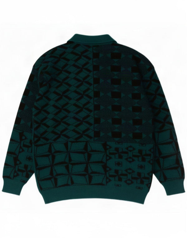 Męski sweter polo w stylu vintage, średnio zielony, geometryczny