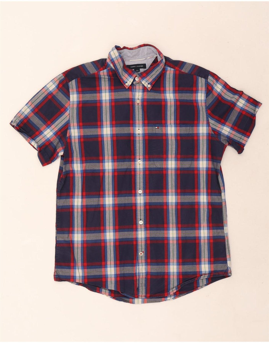 Męska koszula slim fit z krótkim rękawem Tommy Hilfiger w średnią granatową kratkę