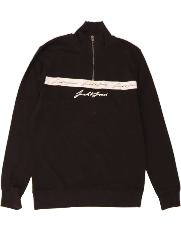 JACK & JONES Mens Graphic Zip Neck Sweatshirt Jumper Medium Black Cotton Vintage Jack & Jones and Second-Hand Jack & Jones from Messina Hembry 