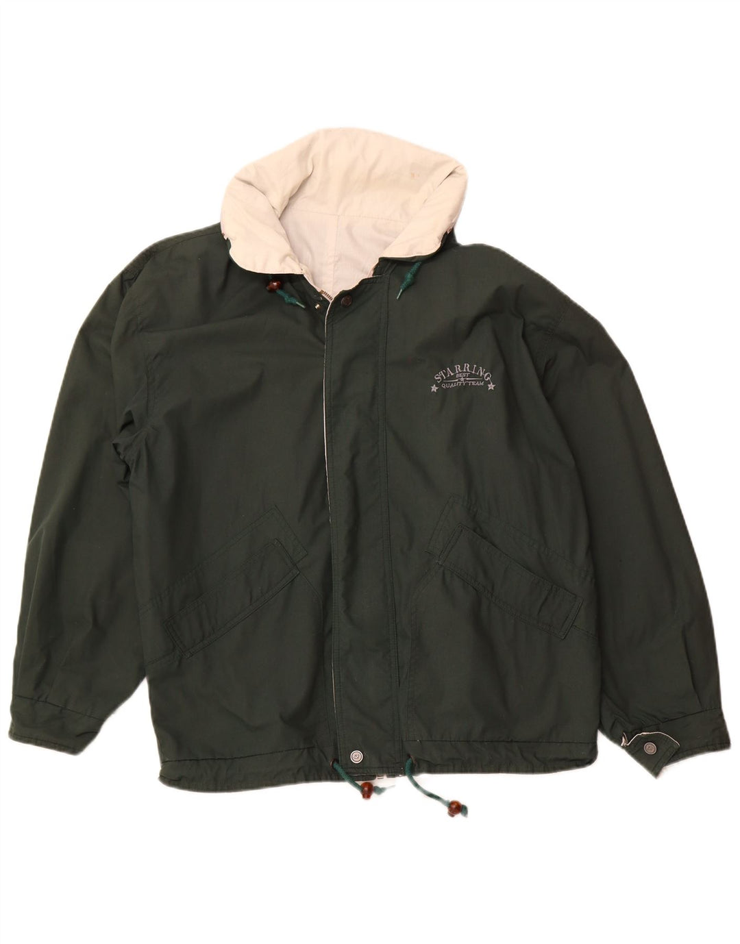 W rolach głównych męska, luźna, dwustronna kurtka z kapturem UK 38, średnia beżowa bawełna