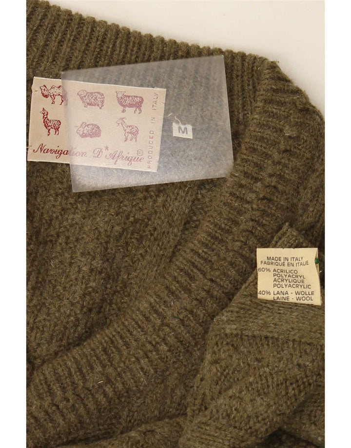 Męski sweter w stylu vintage z dekoltem w szpic, średni akryl w kolorze khaki