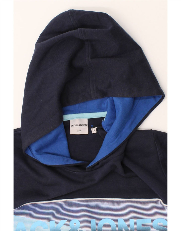 JACK & JONES Mens Graphic Hoodie Jumper Medium Navy Blue Colourblock Vintage Jack & Jones and Second-Hand Jack & Jones from Messina Hembry 