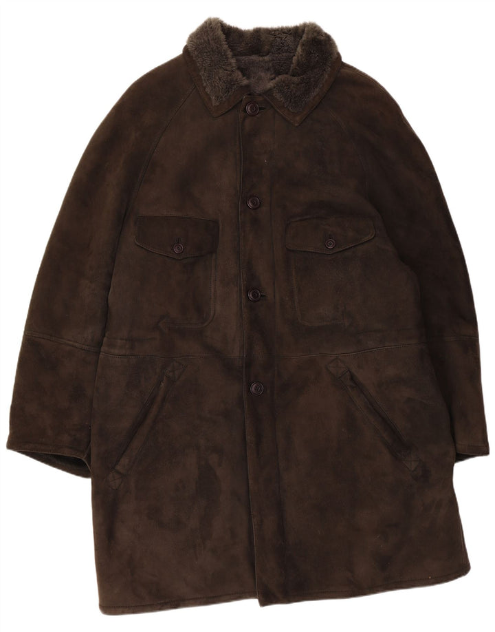 Vintage męski płaszcz z owczej skóry UK 40, duży, brązowy, skórzany
