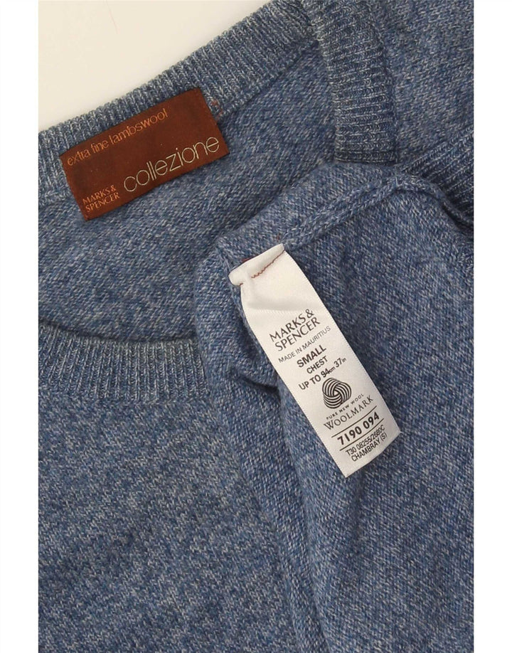 Marks & Spencer Męski sweter z okrągłym dekoltem, mały, niebieski, nakrapiany owcza wełna