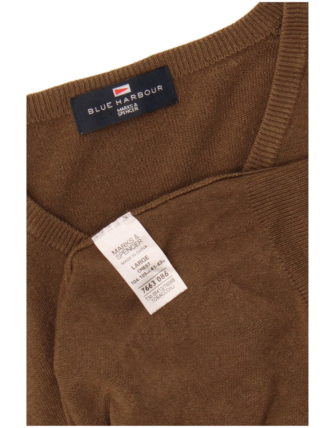 Męski sweter MARKS & SPENCER Blue Harbor z dekoltem w kształcie litery V, duży, brązowy