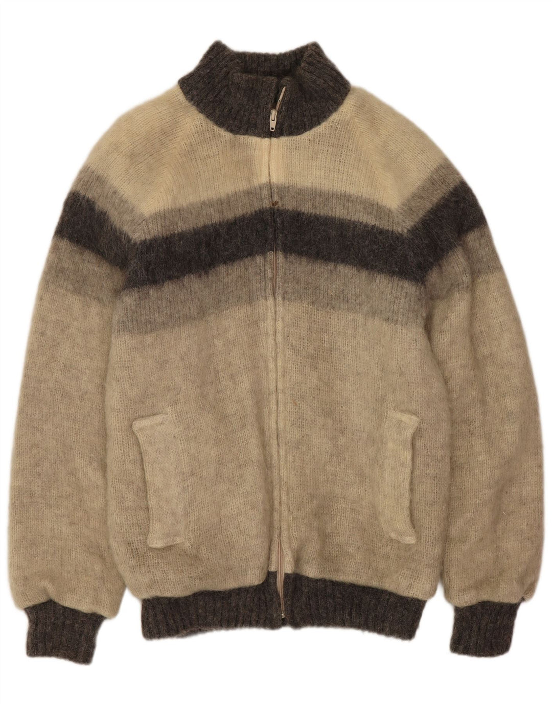 Męska dzianinowa kurtka bomber Alafoss Icewool UK 40, duża, szara, z blokami kolorów, zimowa