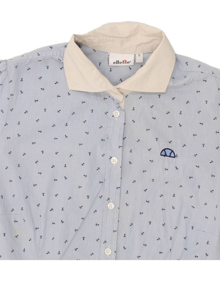 ELLESSE Womens Abstract Pattern Short Sleeve Shirt UK 10 Small Blue Cotton Vintage Ellesse and Second-Hand Ellesse from Messina Hembry 