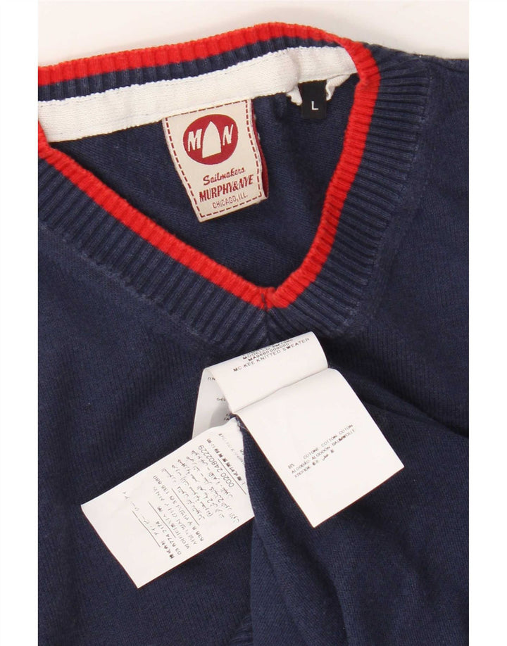 Murphy & Nye Męski sweter Sailmakers z dekoltem w kształcie litery V, duży, granatowy, bawełniany