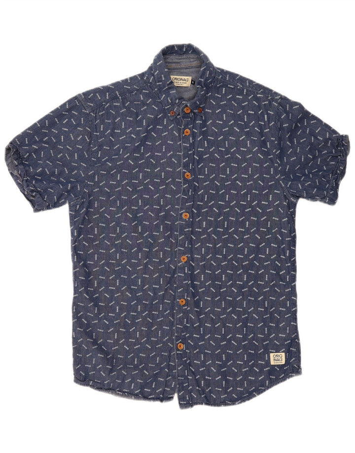 Męska koszula z krótkim rękawem Jack & Jones w abstrakcyjny wzór, średnia niebieska, bawełniana