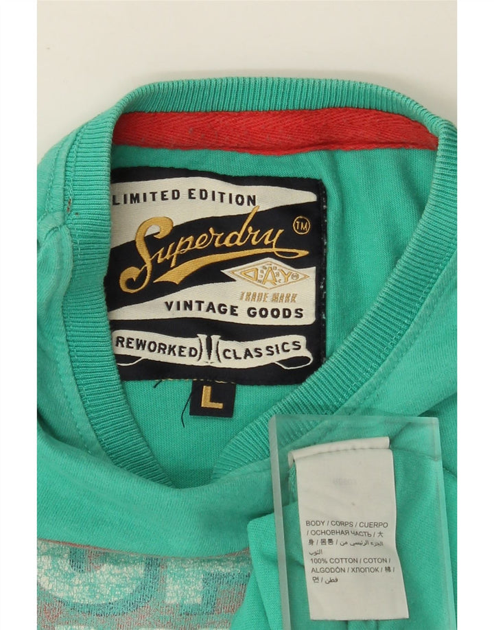 SUPERDRY Męski T-shirt z grafiką, duży, turkusowy, bawełniany