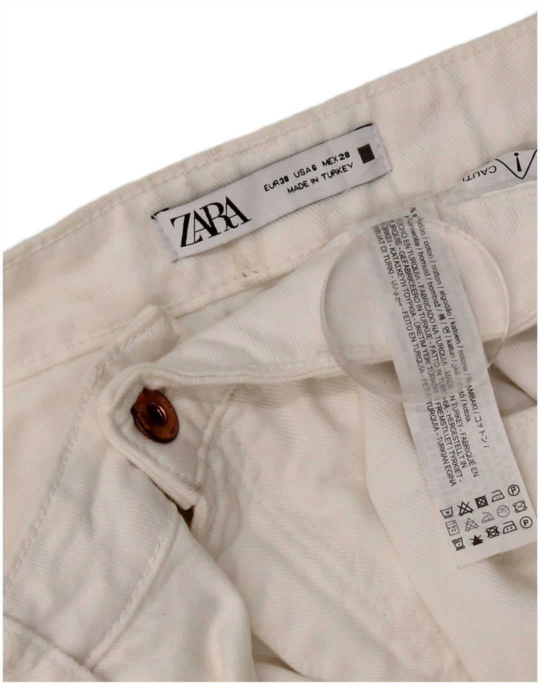 Damskie jeansy Zara w trudnej sytuacji, przycięte, EU 38, małe, W28 L24, biała bawełna