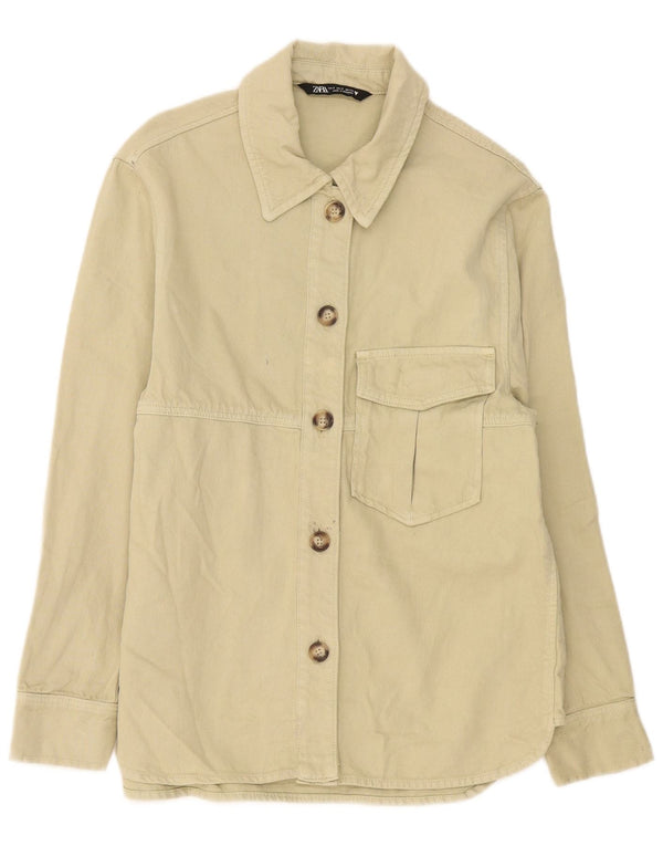 Zara Womens Oversized Denim Shirt UK 10 Small Beige Cotton