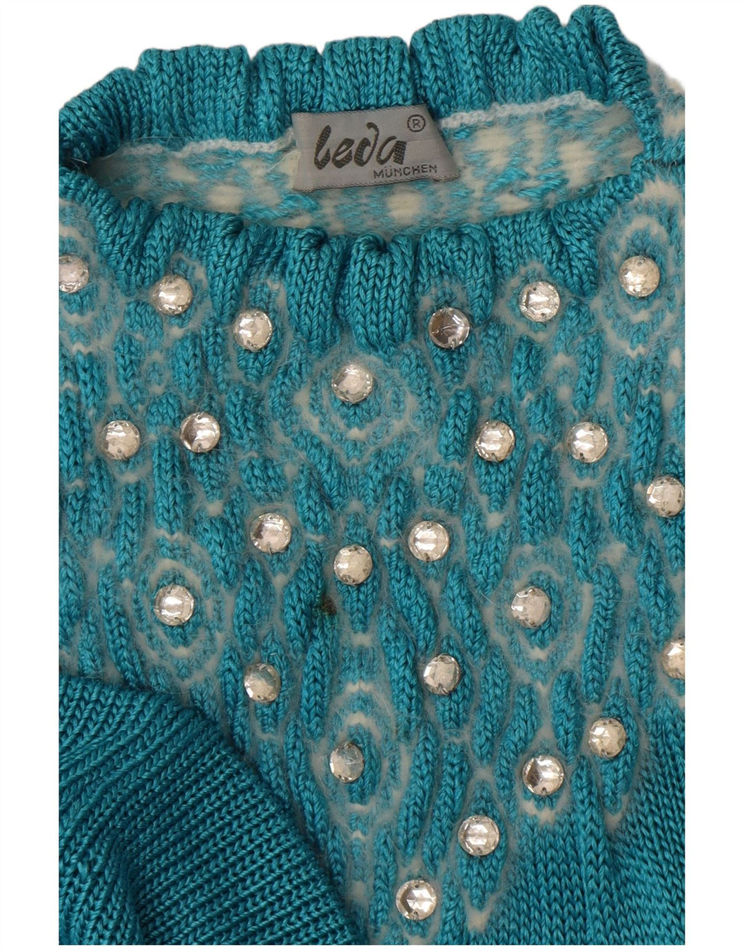 Vintage damski sweter z abstrakcyjnym wzorem i okrągłym dekoltem UK 14, duży niebieski