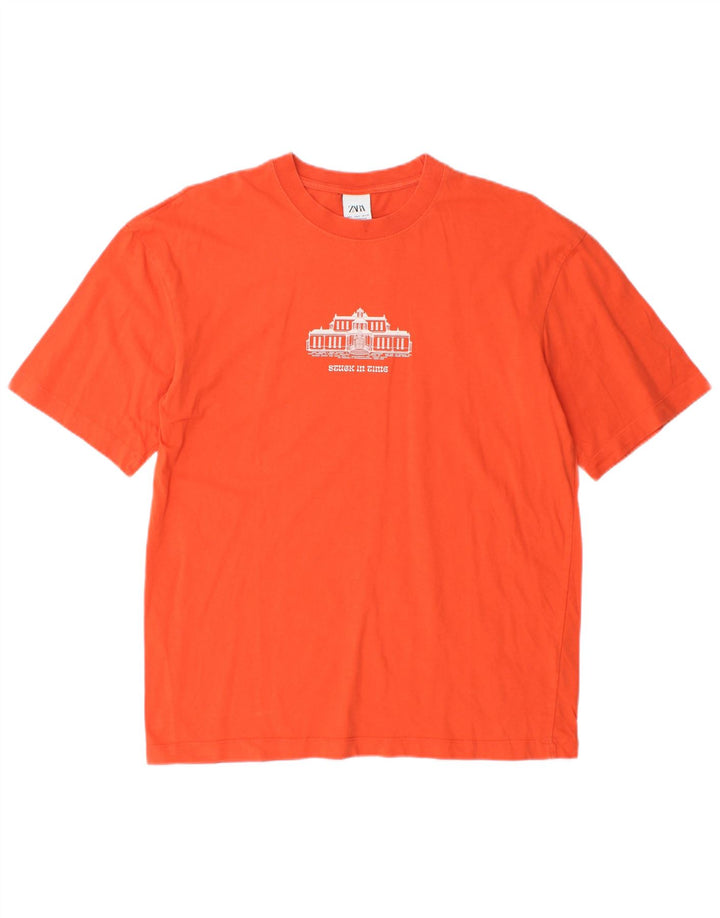 ZARA Mens Graphic T-Shirt Top Small Orange Cotton
