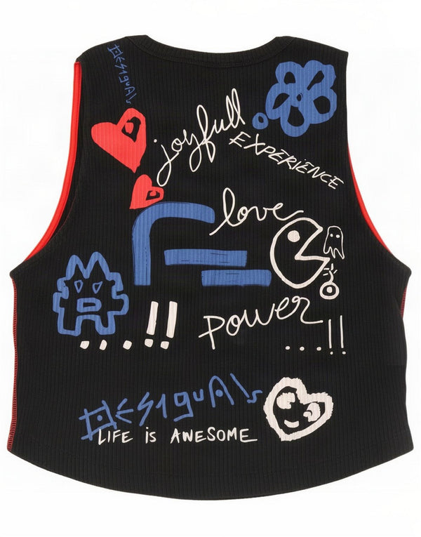Desigual Damska kamizelka Crop Abstract Pattern Graphic Top UK 14 Duża Czarna