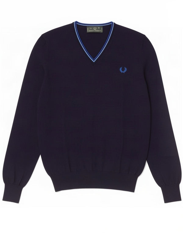 Fred Perry Mens V-Neck Jumper Sweater Medium Navy Blue Cotton