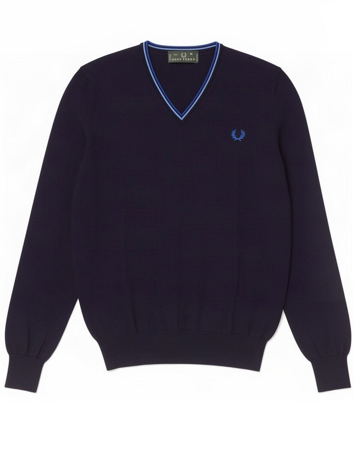 Męski sweter Fred Perry z dekoltem w kształcie litery V, średni granatowy, bawełniany