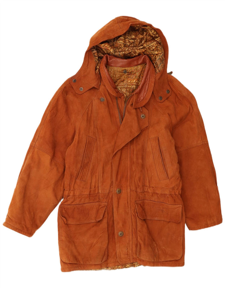Zamszowa kurtka parka męska z kapturem w stylu vintage IT 50, duża brązowa skóra