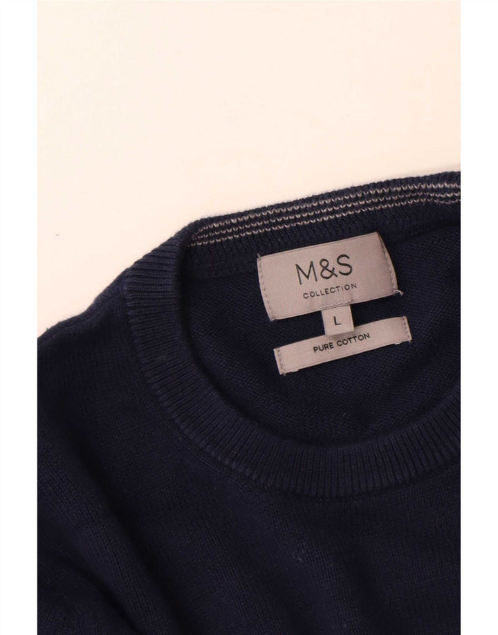 Marks & Spencer Męski sweter z okrągłym dekoltem, duży, granatowy, bawełniany