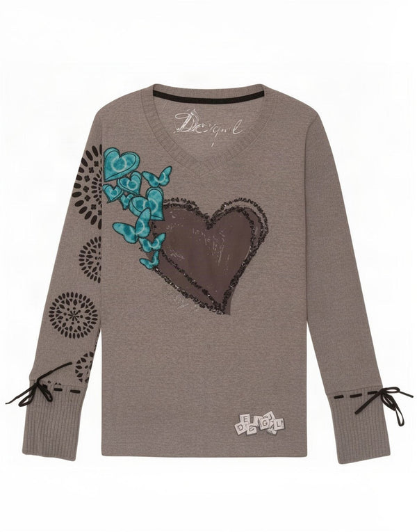 Desigual damski top graficzny z długim rękawem UK 10, mały, szary w kwiaty