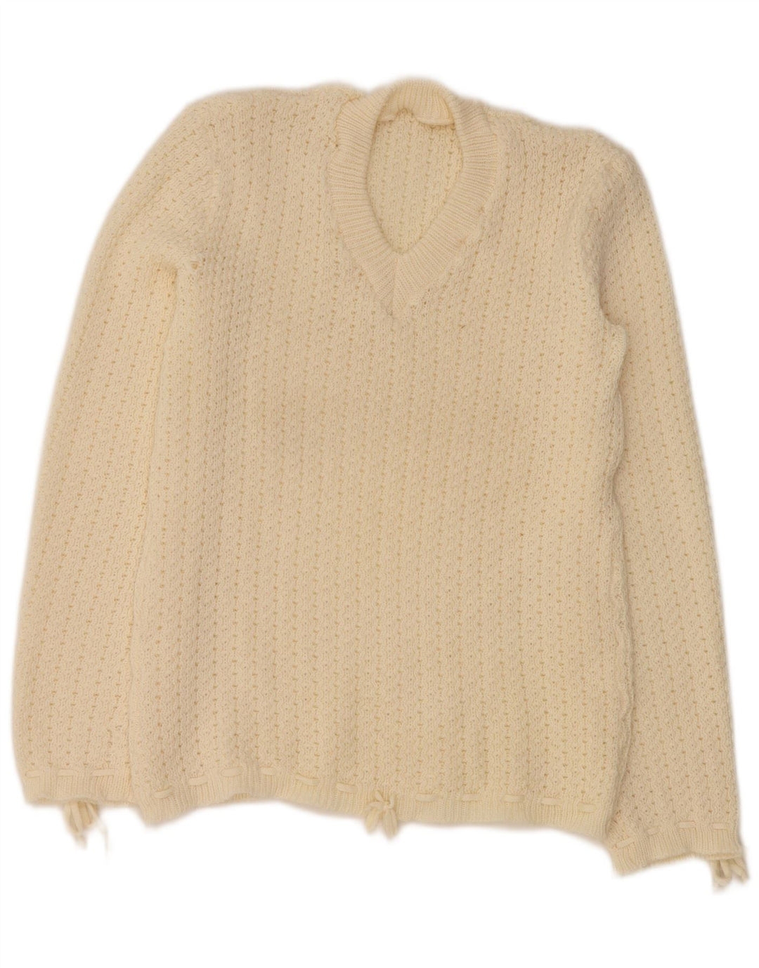 Sweter damski VINTAGE z dekoltem w kształcie litery V, UK 12, średni, w kolorze złamanej bieli