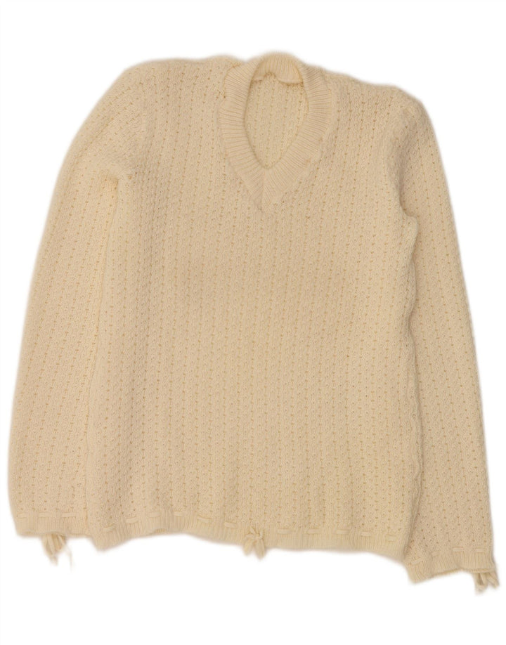 Sweter damski VINTAGE z dekoltem w kształcie litery V, UK 12, średni, w kolorze złamanej bieli