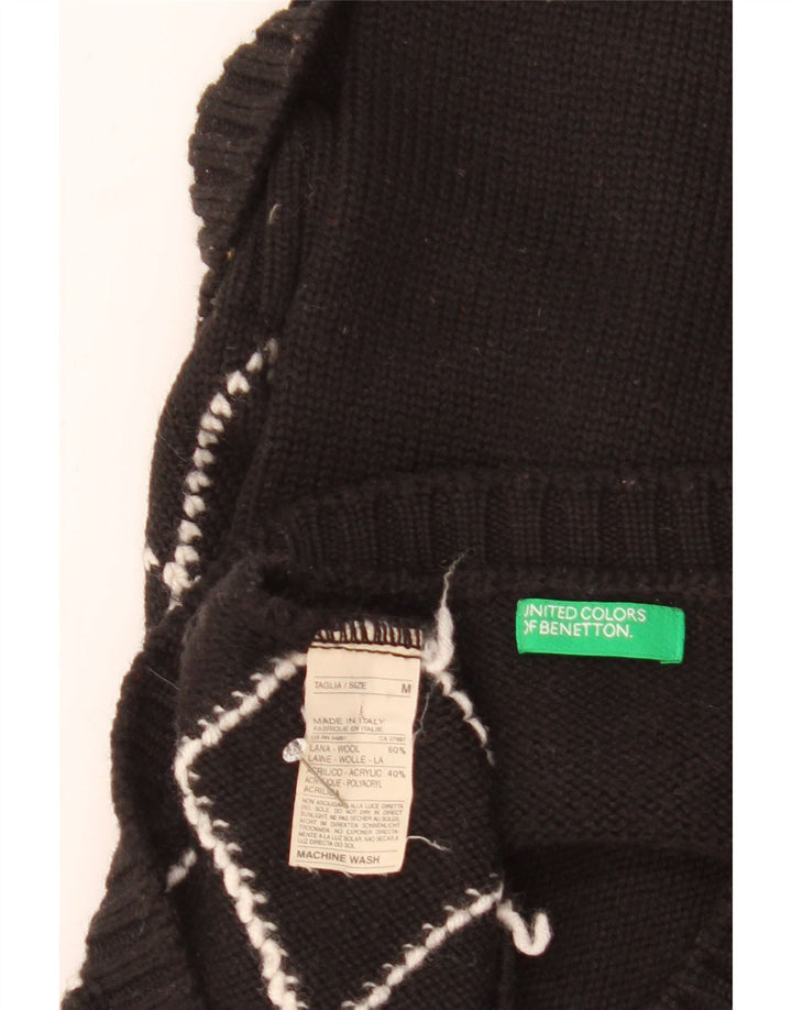 Sweter damski Benetton z dekoltem w kształcie litery V, UK 12, średni czarny Argyle/Diament