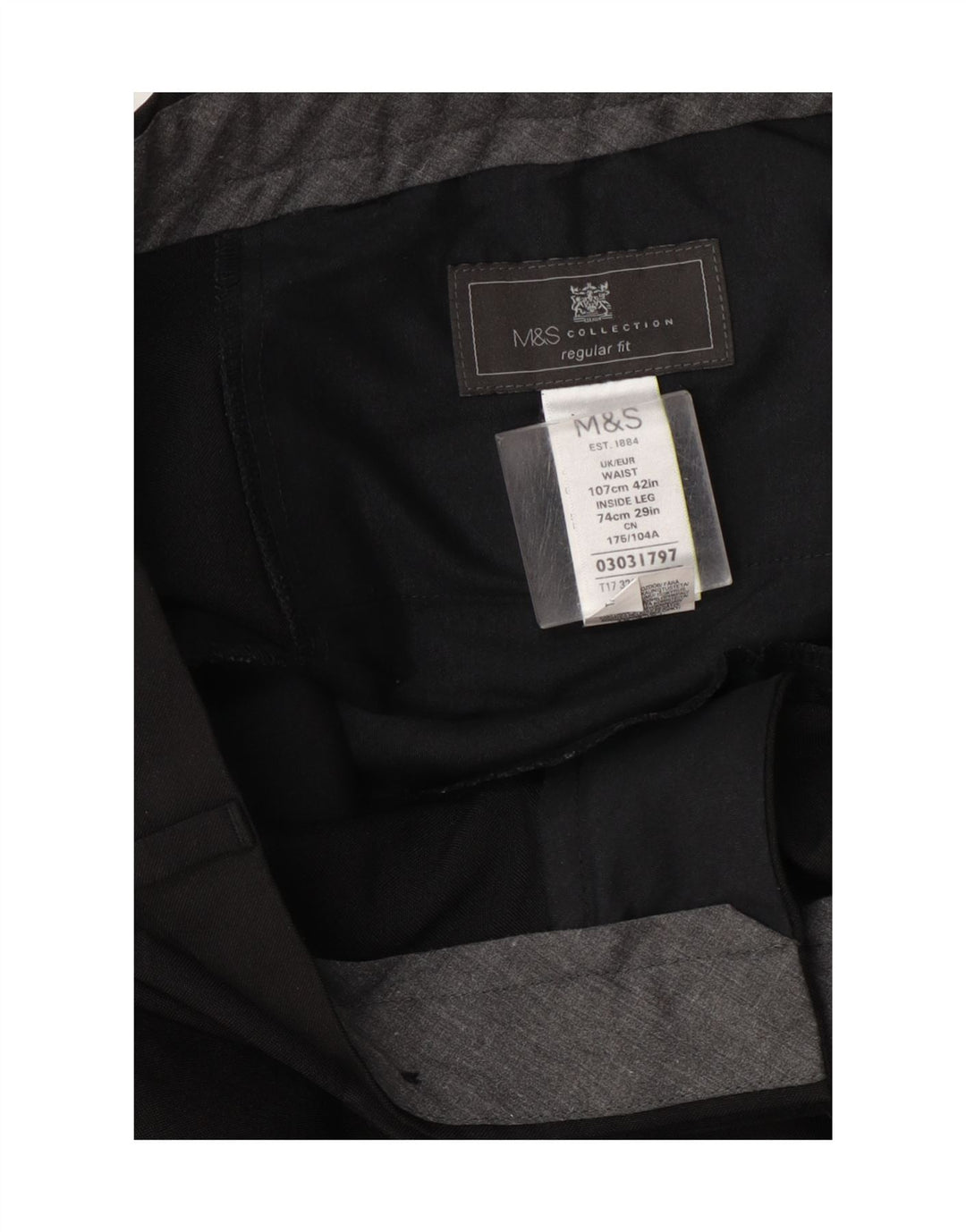 Męskie spodnie garniturowe Marks & Spencer o regularnym kroju W42 L29, czarny poliester