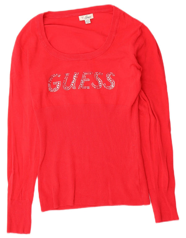 Damski sweter Guess z graficznym dekoltem w łódkę UK 12, średni czerwony sztuczny jedwab