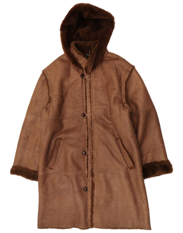 Coveri Mens Hooded Shearling Overcoat EU 54 2XL Brown Leather
