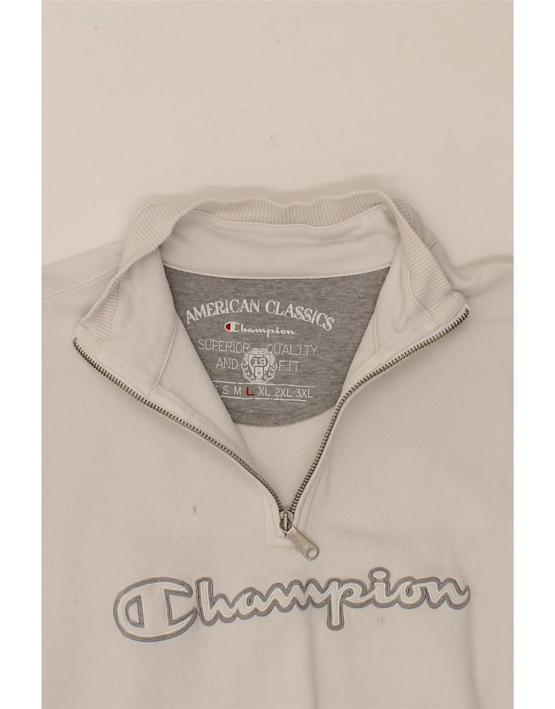 CHAMPION Mens Graphic Zip Neck Sweatshirt Jumper Large White Cotton Vintage Champion and Second-Hand Champion from Messina Hembry 