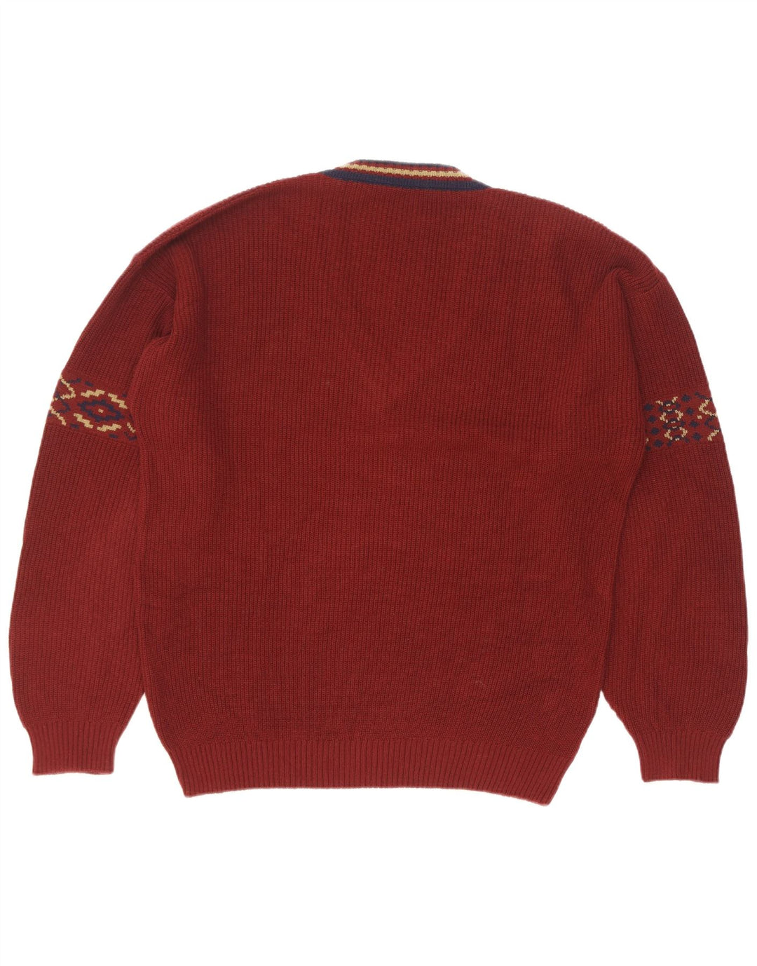 Męski sweter w stylu vintage z dekoltem w kształcie litery V, rozmiar 50, średni bordowy, geometryczny bawełniany