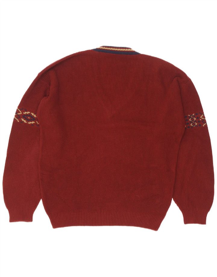Męski sweter w stylu vintage z dekoltem w kształcie litery V, rozmiar 50, średni bordowy, geometryczny bawełniany